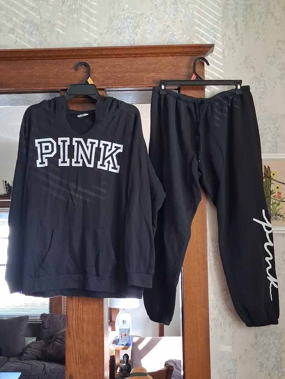 PINK Victoria's Secret Black Hoodie & Joggers Set with White Logo